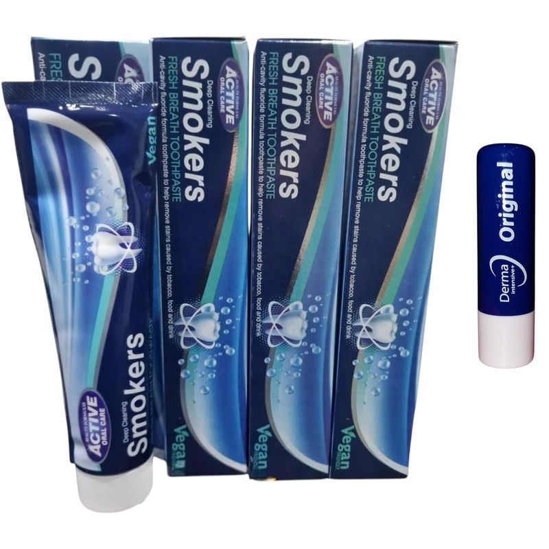 Smokers Tooth Paste Active Oral Care Fresh Mint, Vegan, 4X 100ML with Free Orignial Lip Balm - Image 1